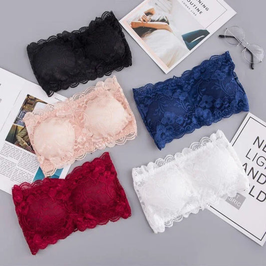 Strapless Tube Top Sexy Lace Bandeau Bra for Women Beauty Back Light Padded Wirefree