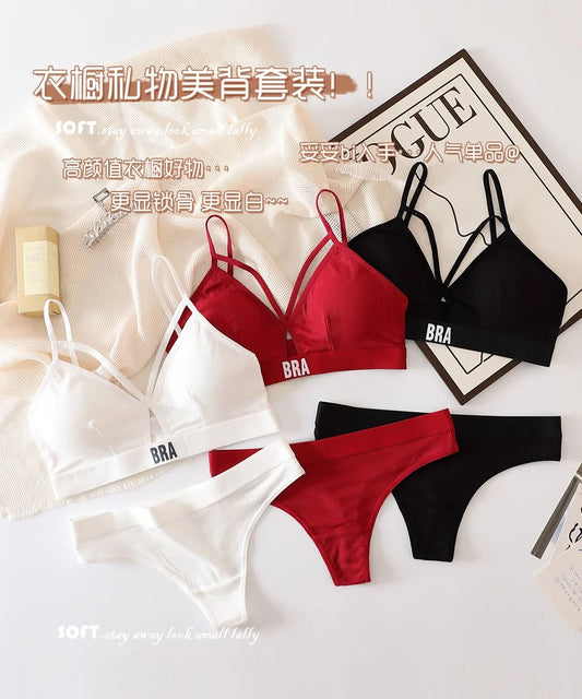 French Sexy Hollow Out Girls Bralette Soft Padded Cotton Seamless Women Lingerie Bra Set